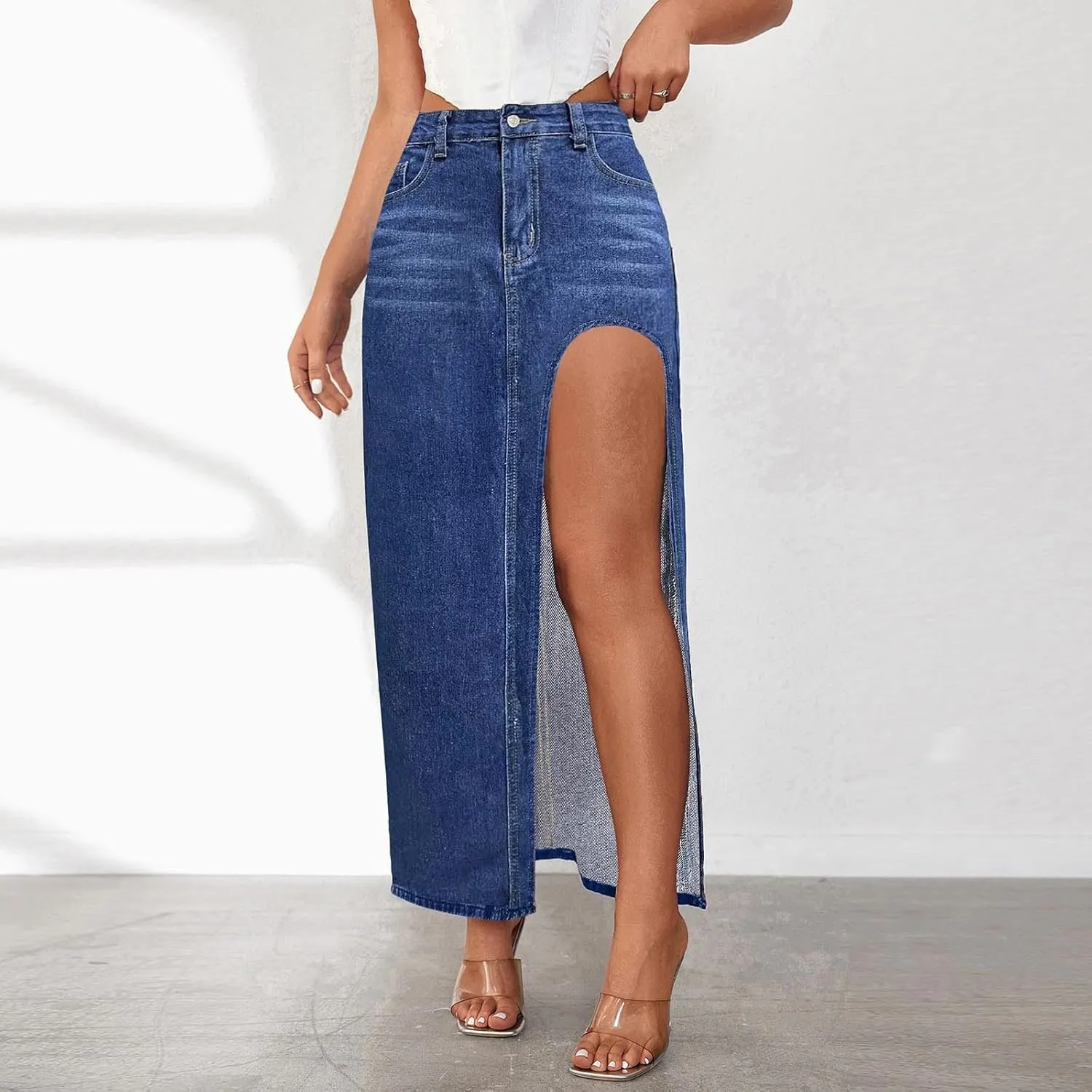 Women's Summer Casual Midi Denim Skirt High Waist Solid Split Skirts