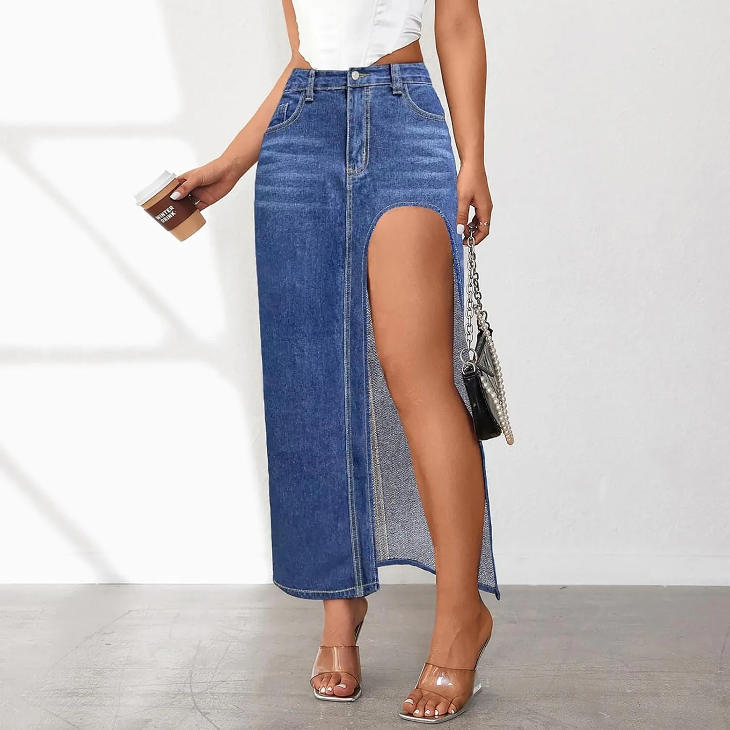 Women's Summer Casual Midi Denim Skirt High Waist Solid Split Skirts