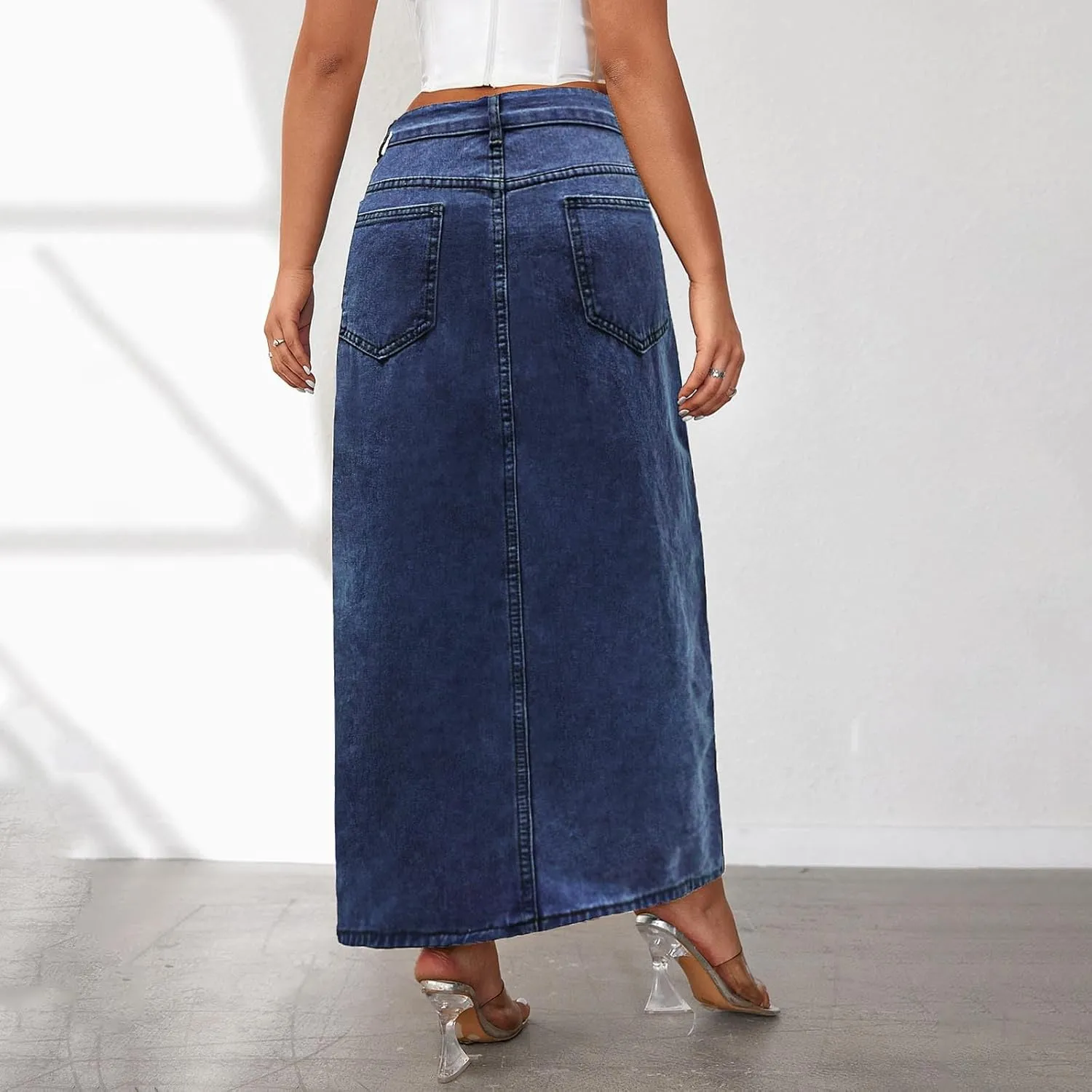 Women's Summer Casual Midi Denim Skirt High Waist Solid Split Skirts