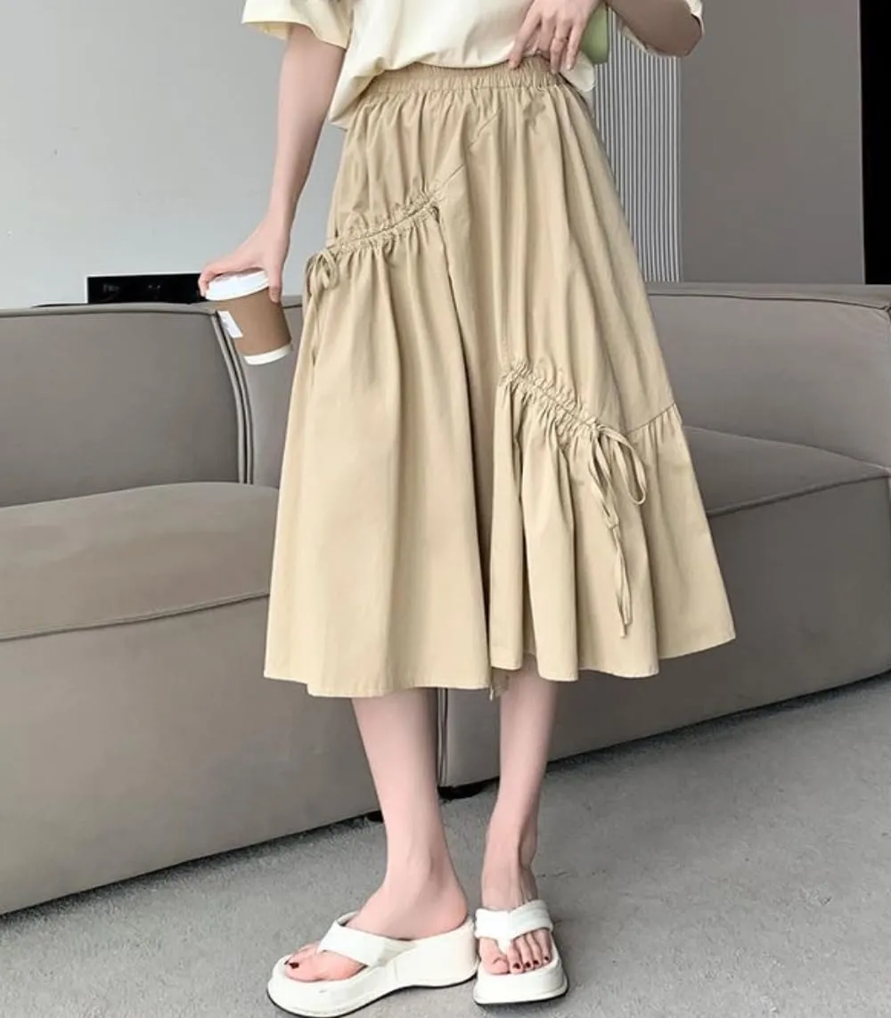 Women's Summer Cotton Linen Skirts Casual High Waist Pleated Elastic A-Line Midi Skirt with Pocket
