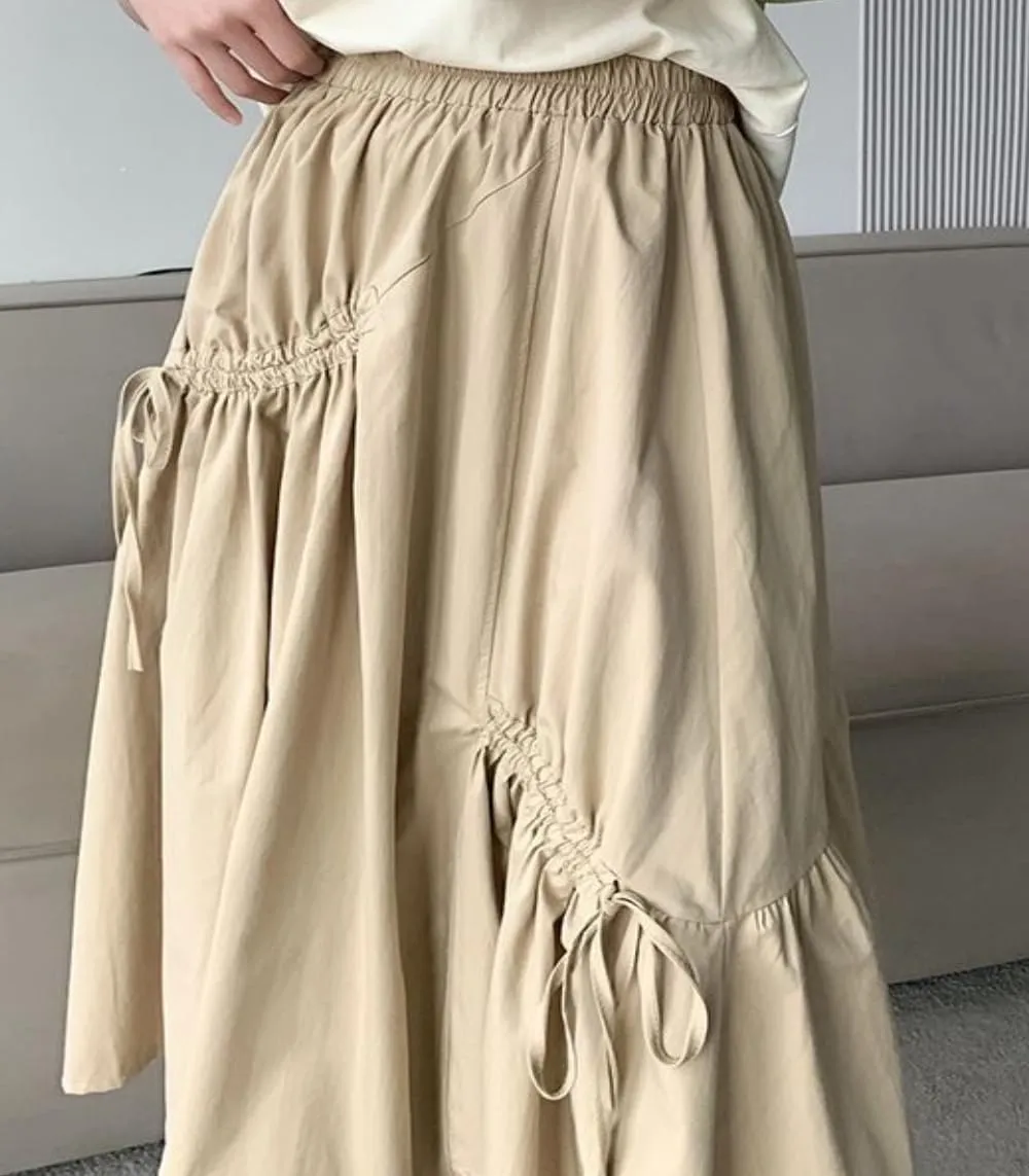Women's Summer Cotton Linen Skirts Casual High Waist Pleated Elastic A-Line Midi Skirt with Pocket