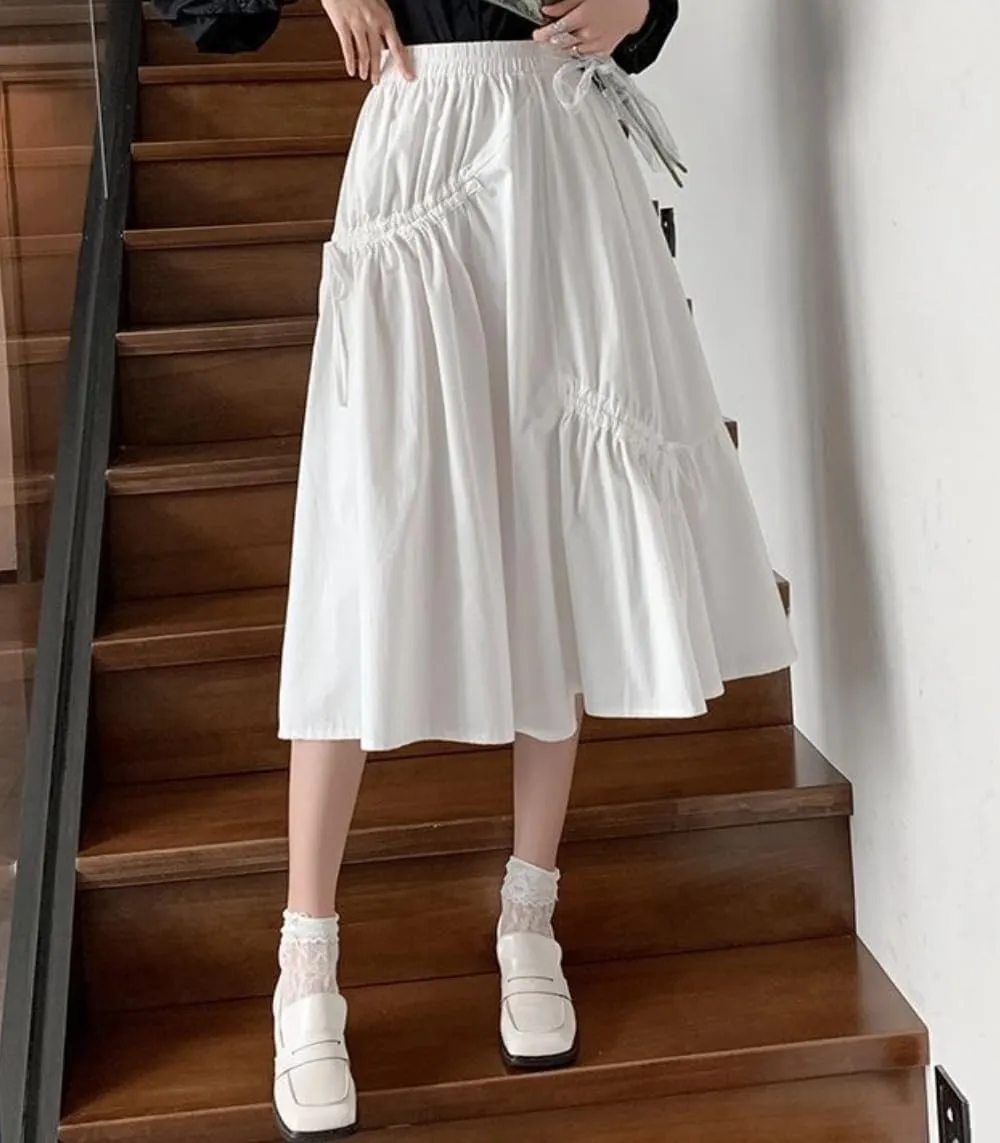 Women's Summer Cotton Linen Skirts Casual High Waist Pleated Elastic A-Line Midi Skirt with Pocket