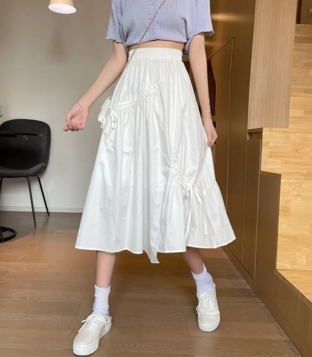 Women's Summer Cotton Linen Skirts Casual High Waist Pleated Elastic A-Line Midi Skirt with Pocket