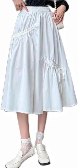 Women's Summer Cotton Linen Skirts Casual High Waist Pleated Elastic A-Line Midi Skirt with Pocket