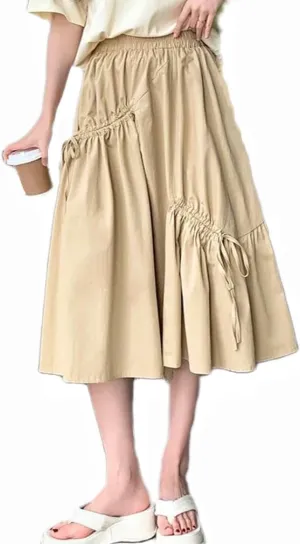 Women's Summer Cotton Linen Skirts Casual High Waist Pleated Elastic A-Line Midi Skirt with Pocket