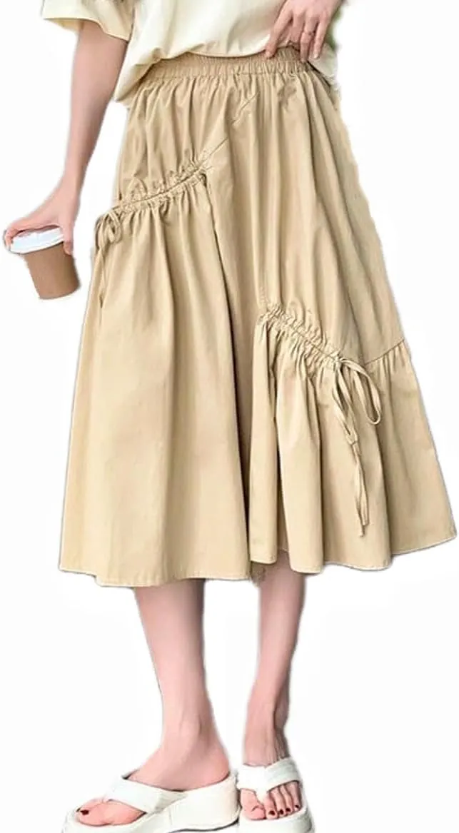 Women's Summer Cotton Linen Skirts Casual High Waist Pleated Elastic A-Line Midi Skirt with Pocket