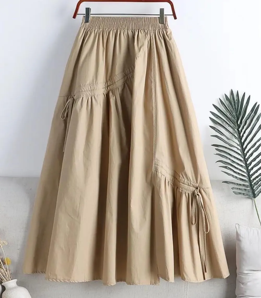 Women's Summer Cotton Linen Skirts Casual High Waist Pleated Elastic A-Line Midi Skirt with Pocket