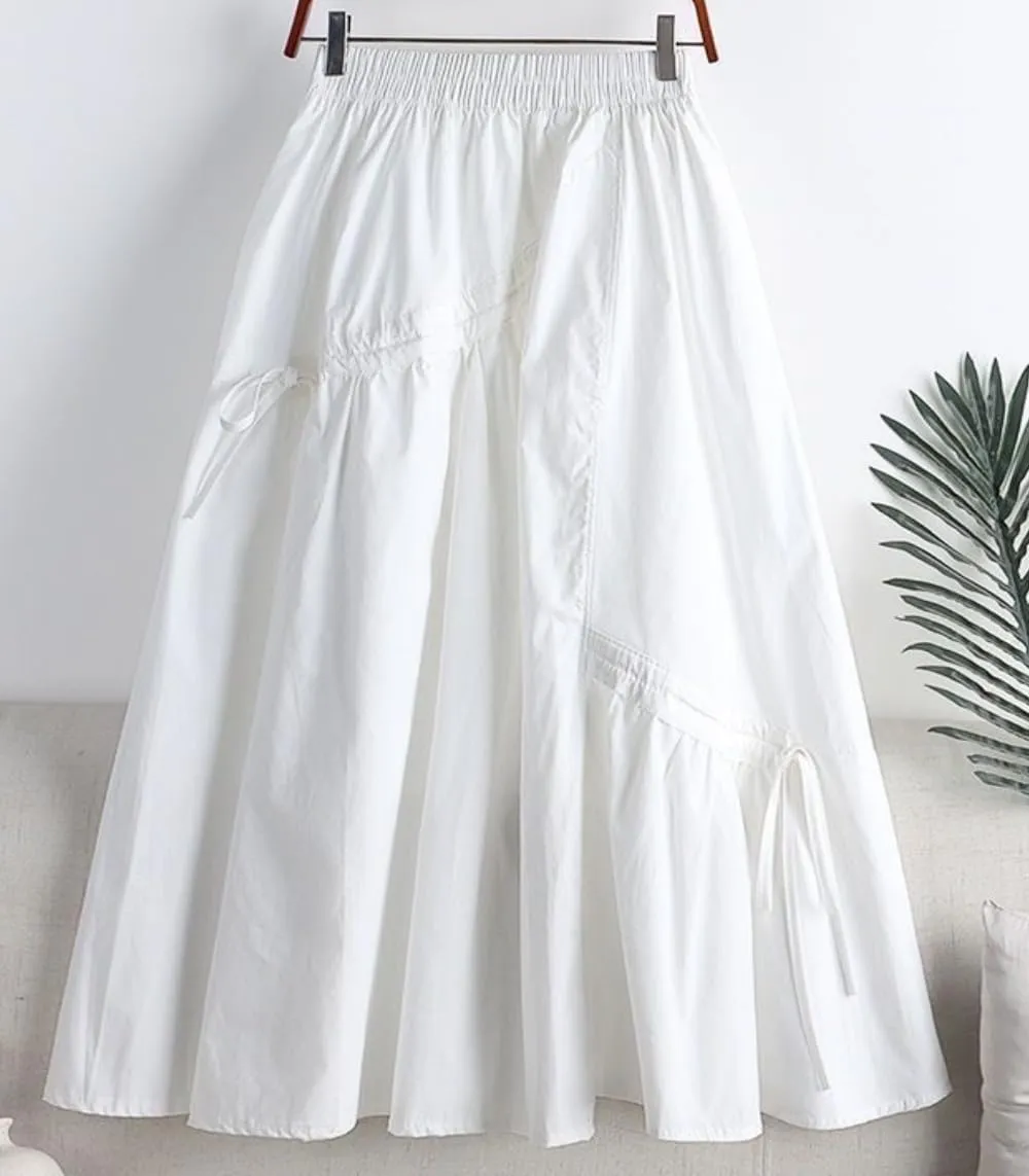 Women's Summer Cotton Linen Skirts Casual High Waist Pleated Elastic A-Line Midi Skirt with Pocket