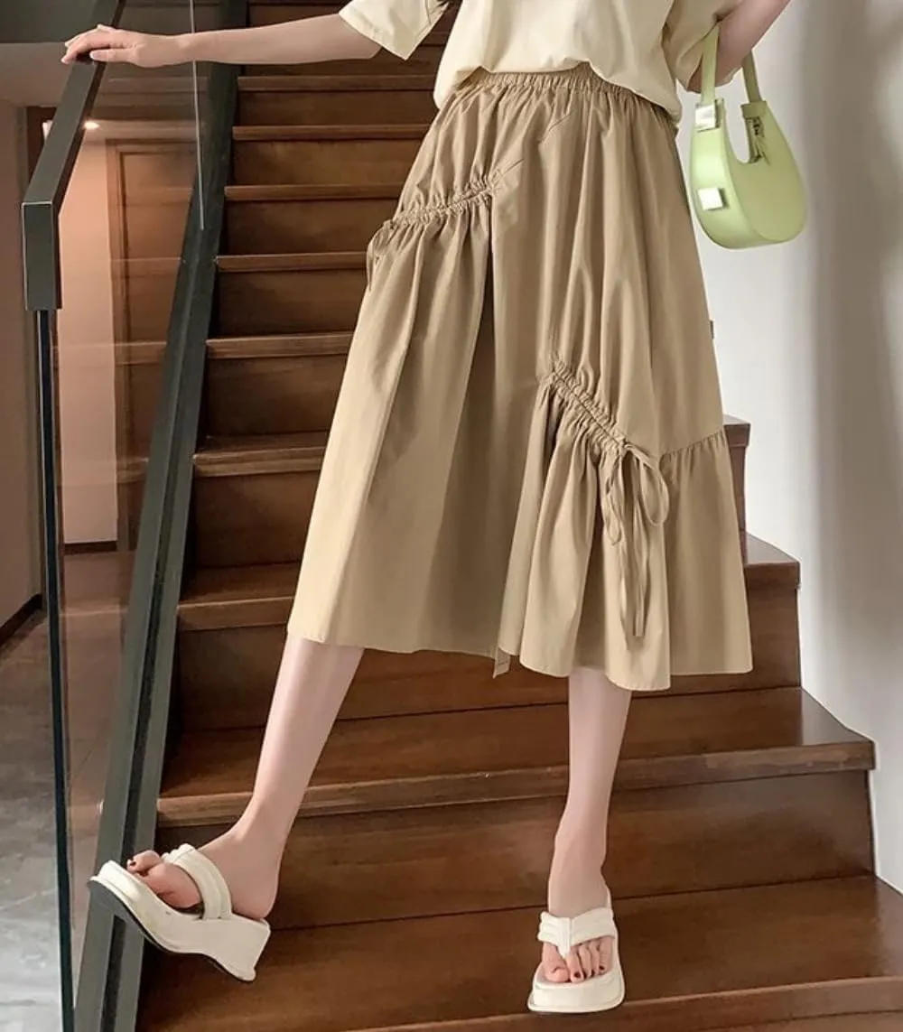 Women's Summer Cotton Linen Skirts Casual High Waist Pleated Elastic A-Line Midi Skirt with Pocket