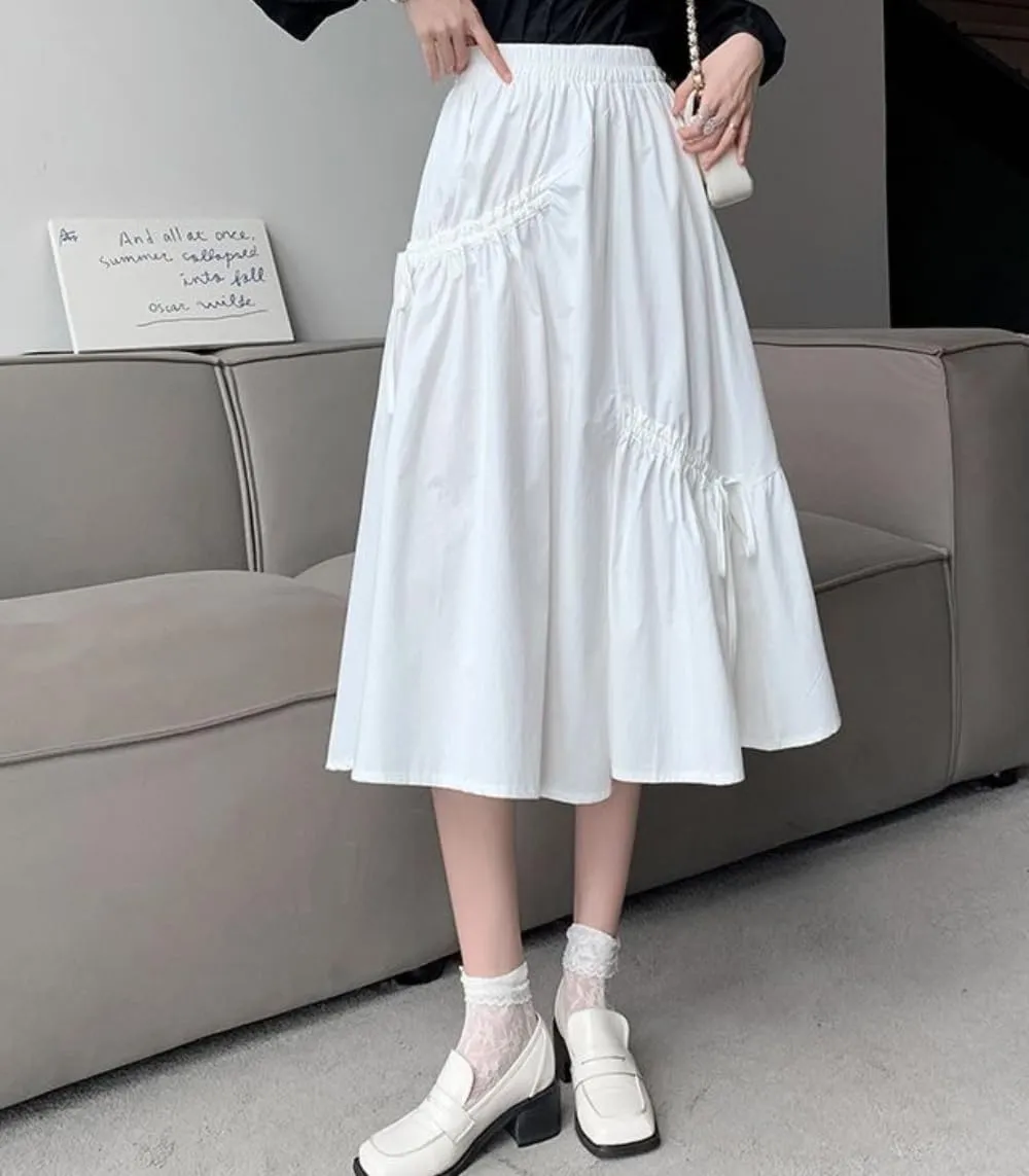 Women's Summer Cotton Linen Skirts Casual High Waist Pleated Elastic A-Line Midi Skirt with Pocket