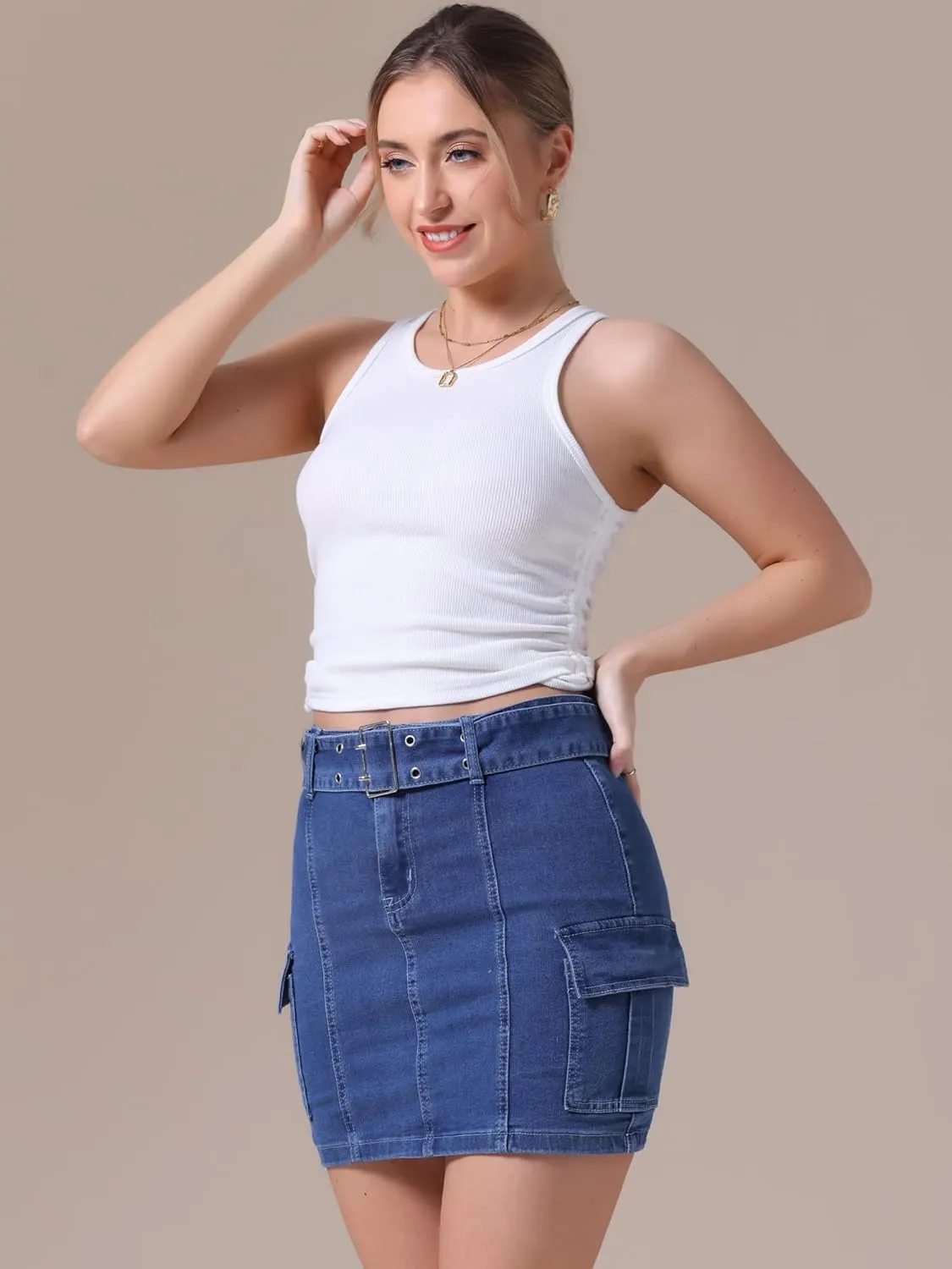 Women's Summer Denim Skirts High Waisted Stretchy Bodycon Mini Cargo Jean Skirt
