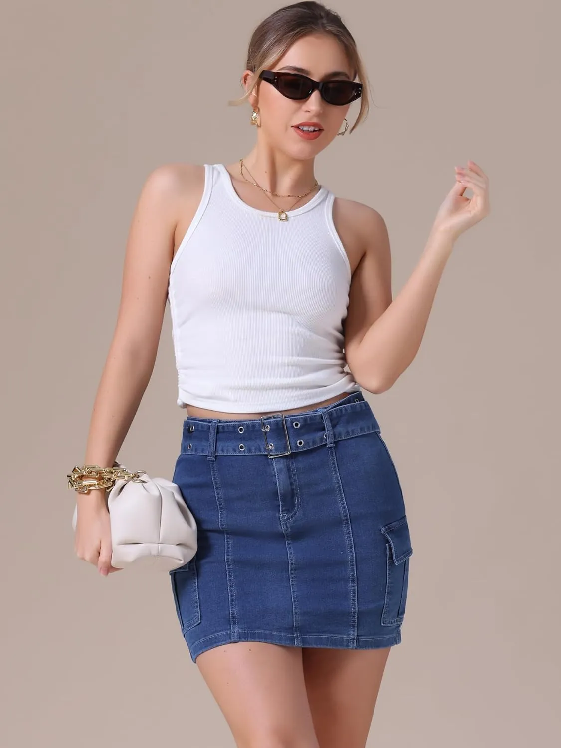 Women's Summer Denim Skirts High Waisted Stretchy Bodycon Mini Cargo Jean Skirt