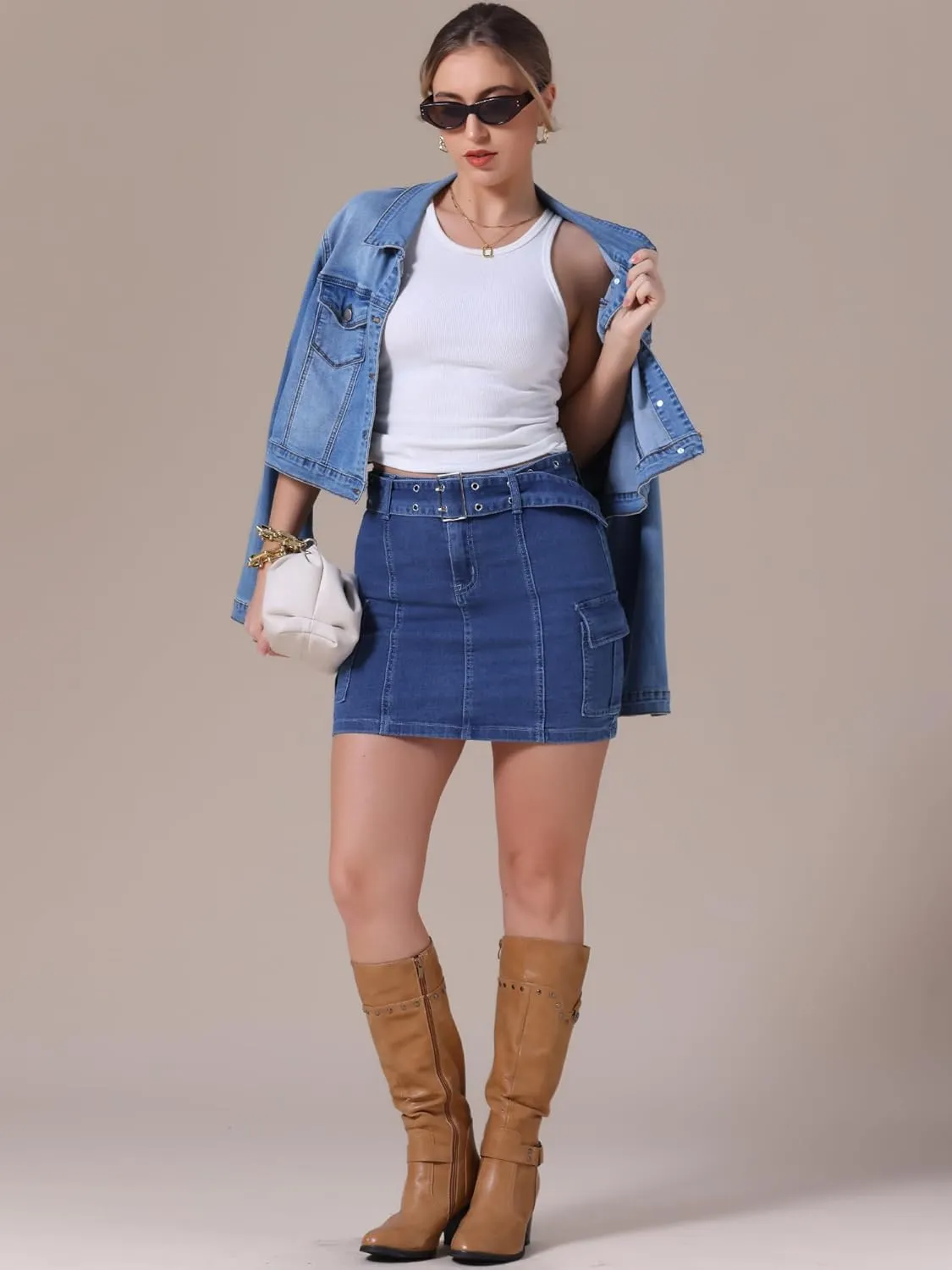 Women's Summer Denim Skirts High Waisted Stretchy Bodycon Mini Cargo Jean Skirt