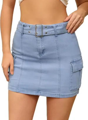 Women's Summer Denim Skirts High Waisted Stretchy Bodycon Mini Cargo Jean Skirt