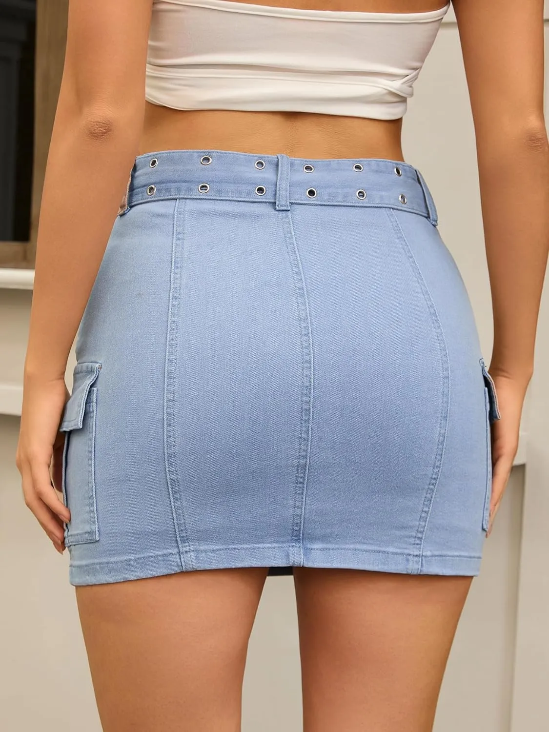 Women's Summer Denim Skirts High Waisted Stretchy Bodycon Mini Cargo Jean Skirt