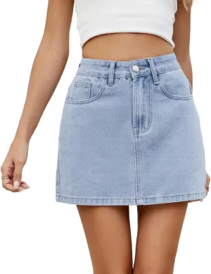 Women's Summer High Waisted Mini Denim Skirts Trendy A Line Solid Jean Skirt Casual Stretchy Short Denim Skirts
