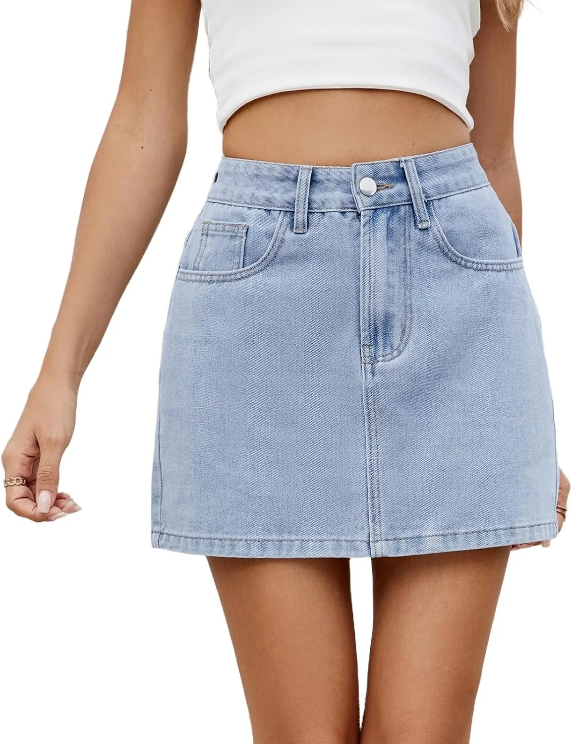 Women's Summer High Waisted Mini Denim Skirts Trendy A Line Solid Jean Skirt Casual Stretchy Short Denim Skirts
