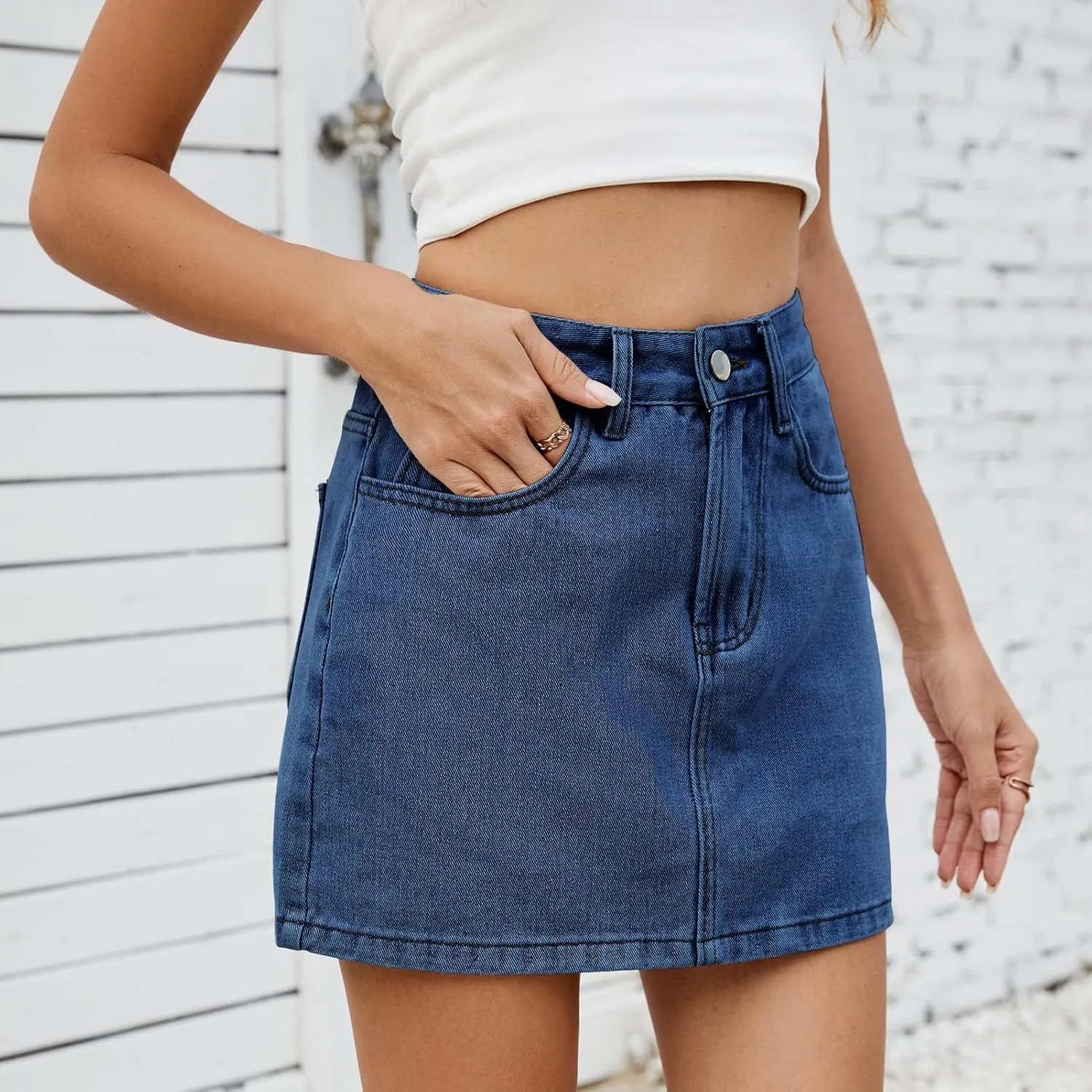Women's Summer High Waisted Mini Denim Skirts Trendy A Line Solid Jean Skirt Casual Stretchy Short Denim Skirts