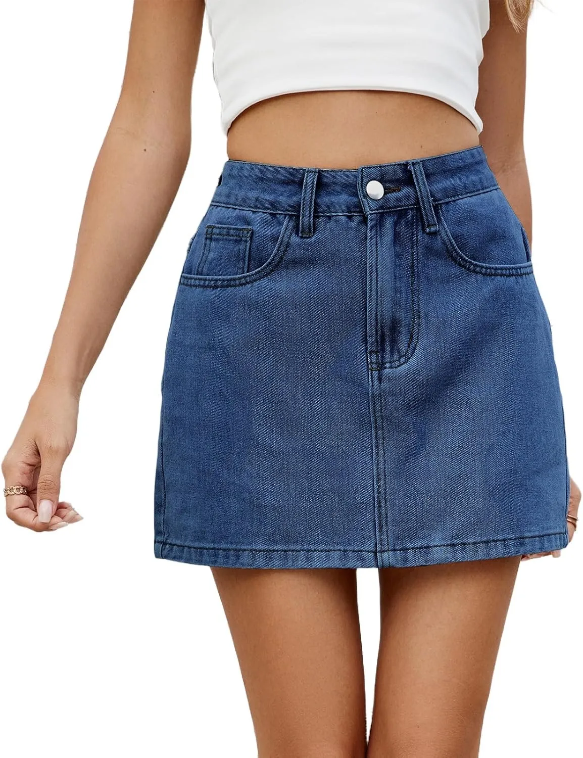 Women's Summer High Waisted Mini Denim Skirts Trendy A Line Solid Jean Skirt Casual Stretchy Short Denim Skirts