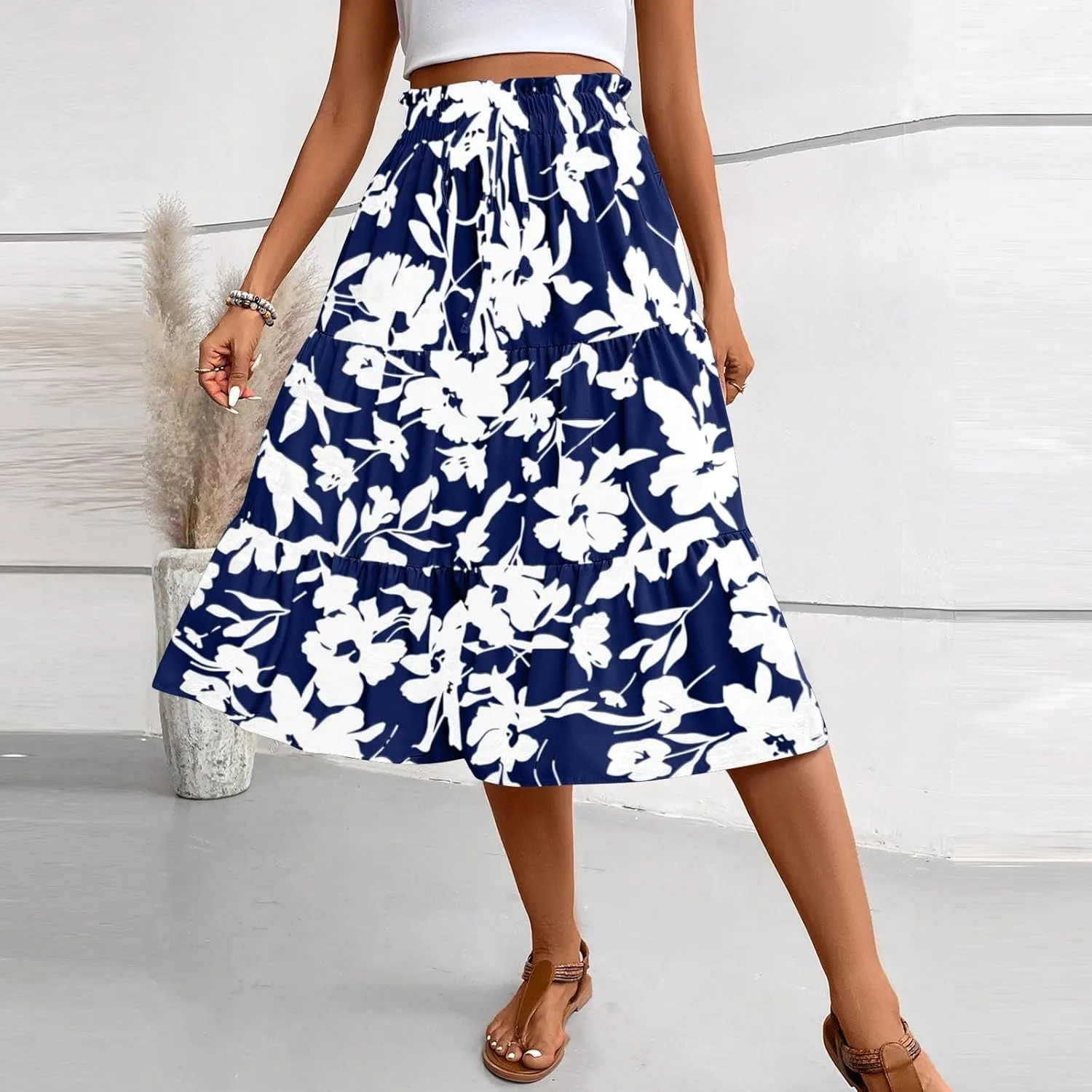 Womens Summer Skirts Midi Length Drawstring High Waist Skirts Below Knee Ruffle Tiered A Line Floral Print Beach Skirt