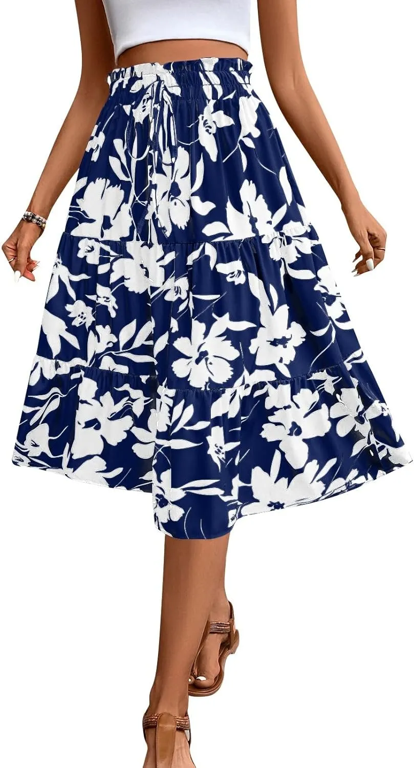 Womens Summer Skirts Midi Length Drawstring High Waist Skirts Below Knee Ruffle Tiered A Line Floral Print Beach Skirt