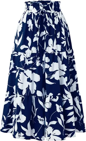 Womens Summer Skirts Midi Length Drawstring High Waist Skirts Below Knee Ruffle Tiered A Line Floral Print Beach Skirt