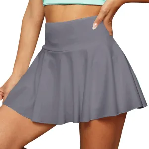 Women's Summer Sports Loose Trendy Elastic High Waist Solid Color Yoga Fitness Tennis Skirts Inner Shorts, S-2XL