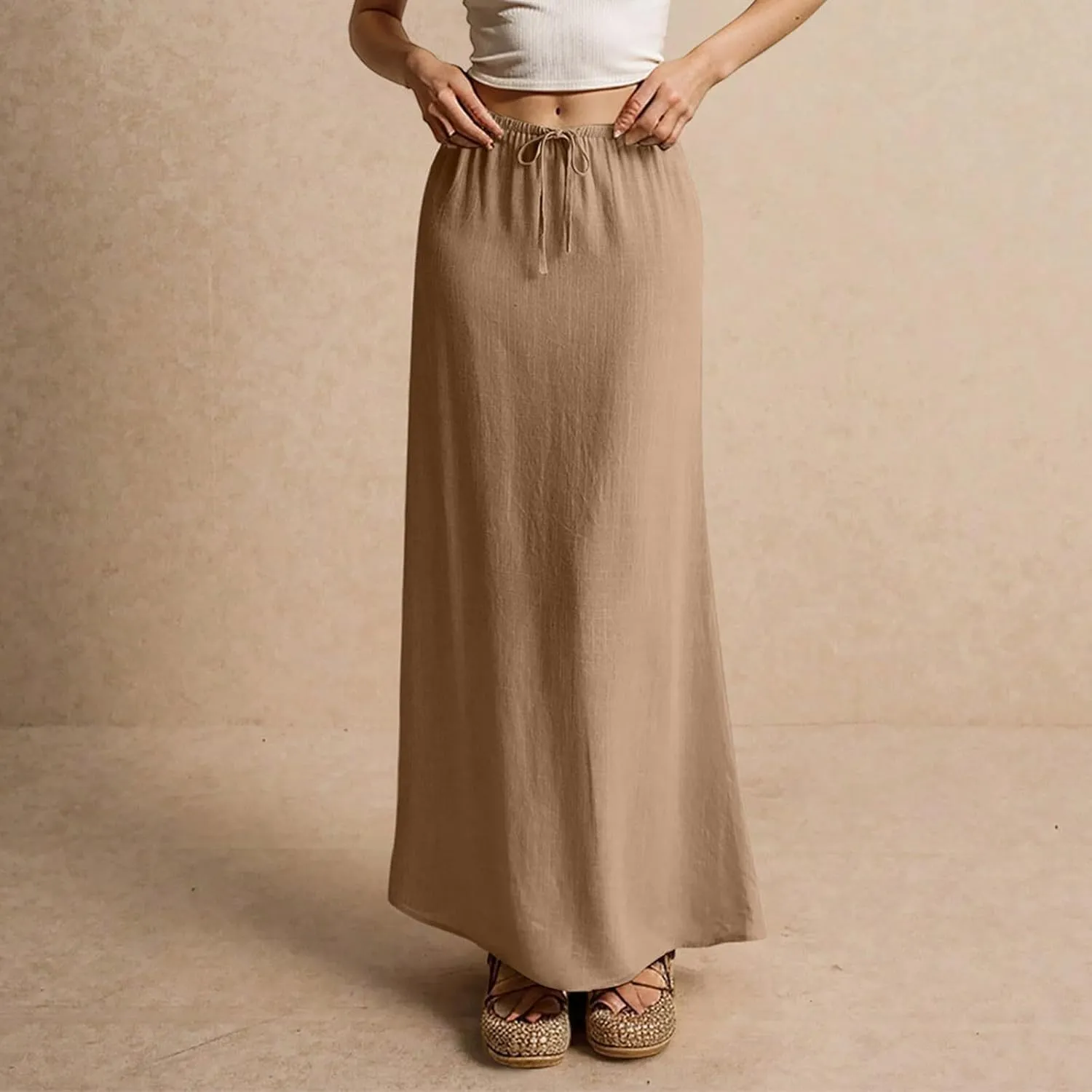 Women's Sundresses 2025 Summer Casual Loose Trendy Drawstring Solid Color Long Maxi Beach Sun Linen Skirts, S-2XL