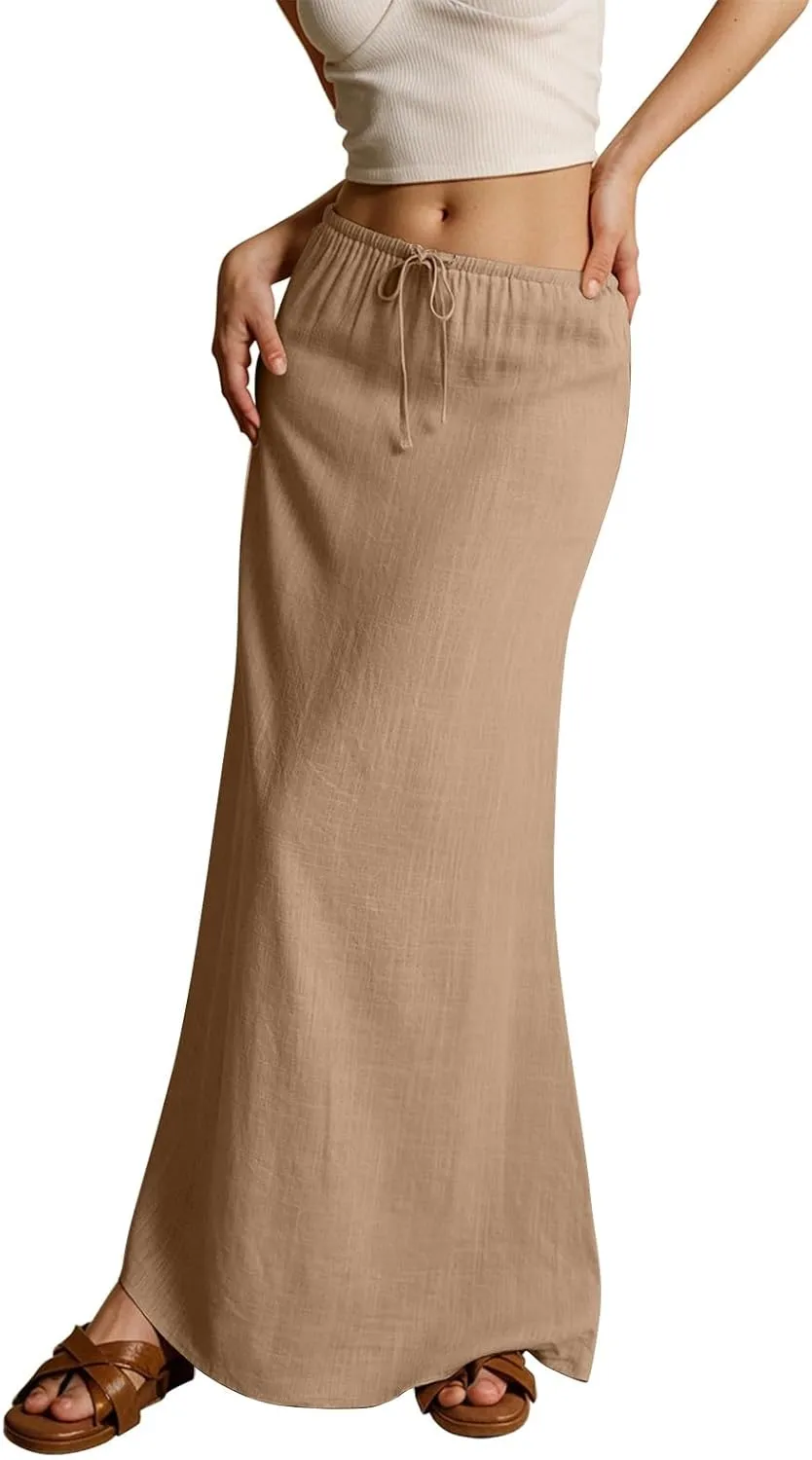 Women's Sundresses 2025 Summer Casual Loose Trendy Drawstring Solid Color Long Maxi Beach Sun Linen Skirts, S-2XL