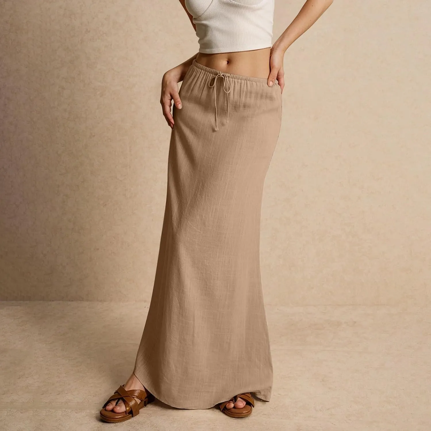 Women's Sundresses 2025 Summer Casual Loose Trendy Drawstring Solid Color Long Maxi Beach Sun Linen Skirts, S-2XL