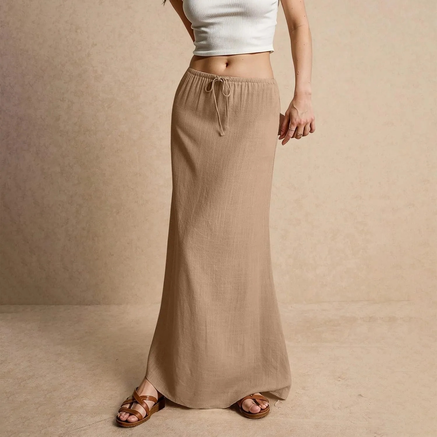 Women's Sundresses 2025 Summer Casual Loose Trendy Drawstring Solid Color Long Maxi Beach Sun Linen Skirts, S-2XL