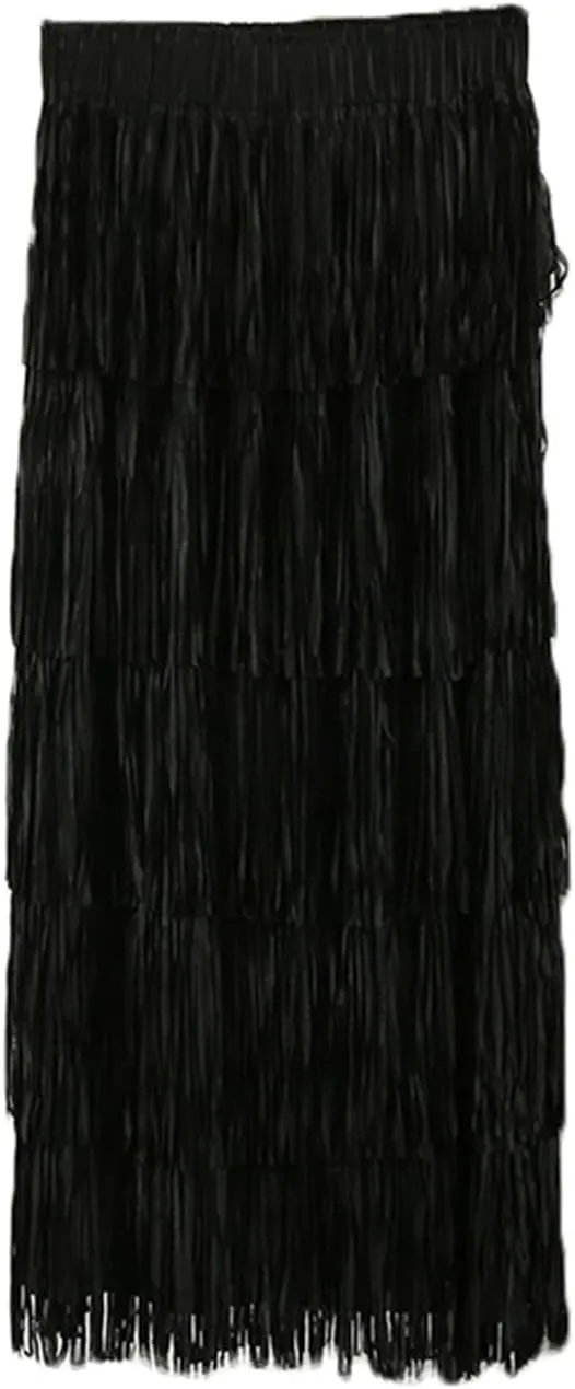 Women's Tassel High Waist Midi Skirts Solid Color Elegant Tiered Skirt Trendy A-Line Skirts Party Ankle Length Skirt