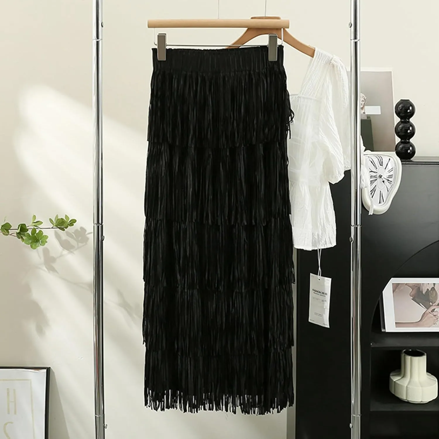 Women's Tassel High Waist Midi Skirts Solid Color Elegant Tiered Skirt Trendy A-Line Skirts Party Ankle Length Skirt