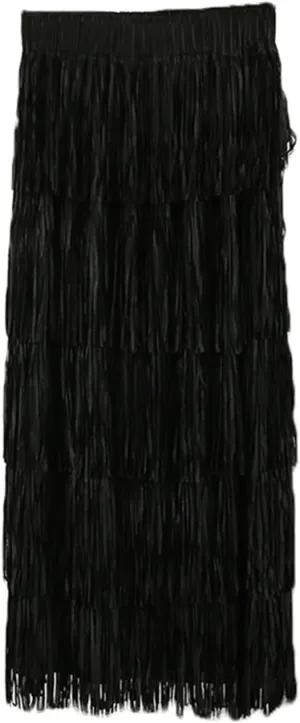 Women's Tassel High Waist Midi Skirts Solid Color Elegant Tiered Skirt Trendy A-Line Skirts Party Ankle Length Skirt