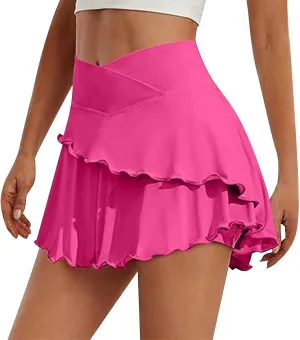 Womens Tennis Mini Skirt Crossover High Waisted Athletic Golf Skorts Running Workout Layered Pleated Ruffle Hem 2 in 1 Shorts