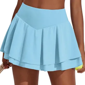 Womens Tennis Skorts Casual High Waisted Flowy Pleated Skater Skirts Athletic Cute Ruffle Layer Yoga Fitness Clothes