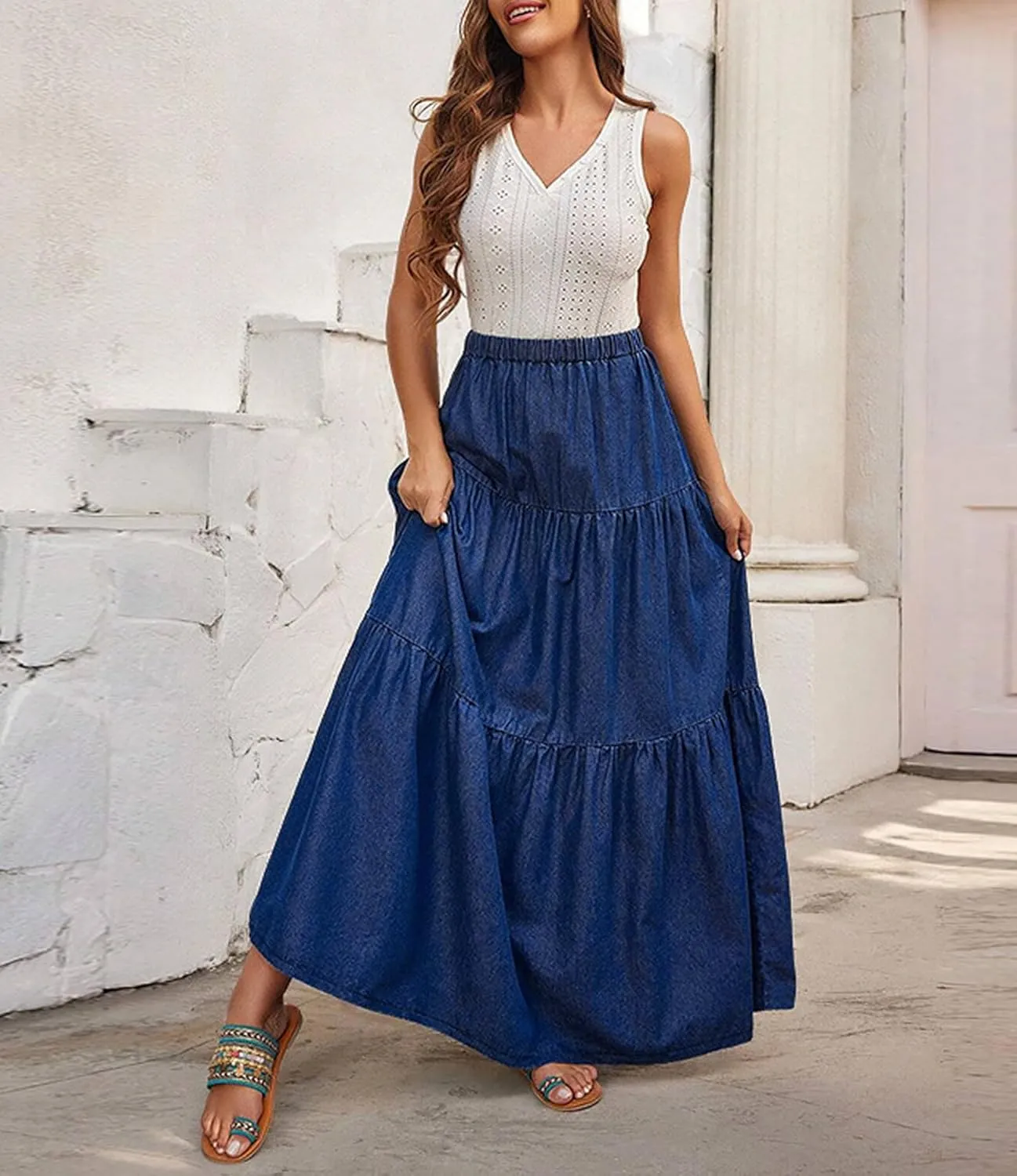 Women's Trendy Denim Long Skirt Elastic High Waisted A-Line Flowy Tiered Ruffle Maxi Skirts