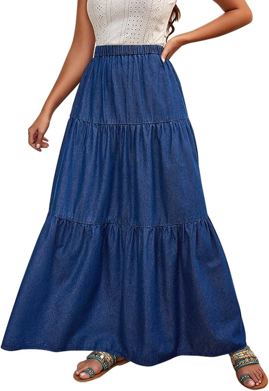 Women's Trendy Denim Long Skirt Elastic High Waisted A-Line Flowy Tiered Ruffle Maxi Skirts