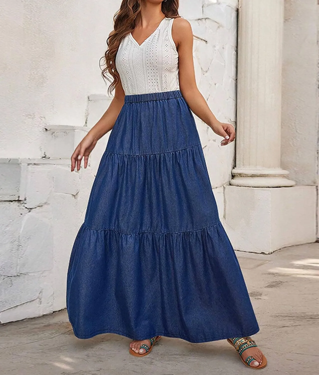 Women's Trendy Denim Long Skirt Elastic High Waisted A-Line Flowy Tiered Ruffle Maxi Skirts