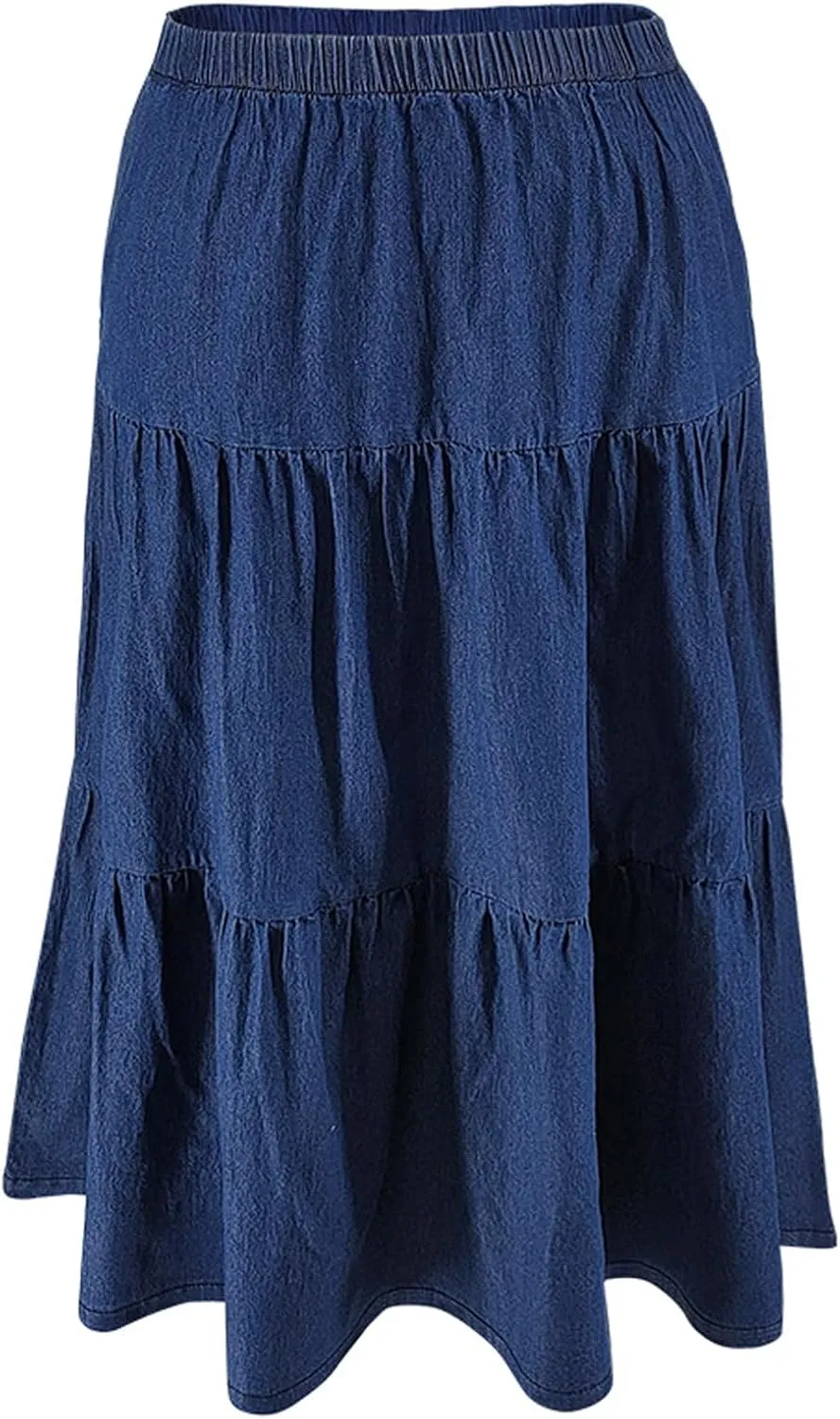 Women's Trendy Denim Long Skirt Elastic High Waisted A-Line Flowy Tiered Ruffle Maxi Skirts