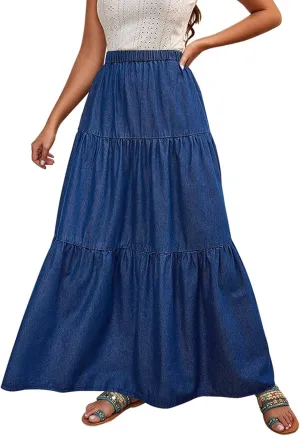 Women's Trendy Denim Long Skirt Elastic High Waisted A-Line Flowy Tiered Ruffle Maxi Skirts