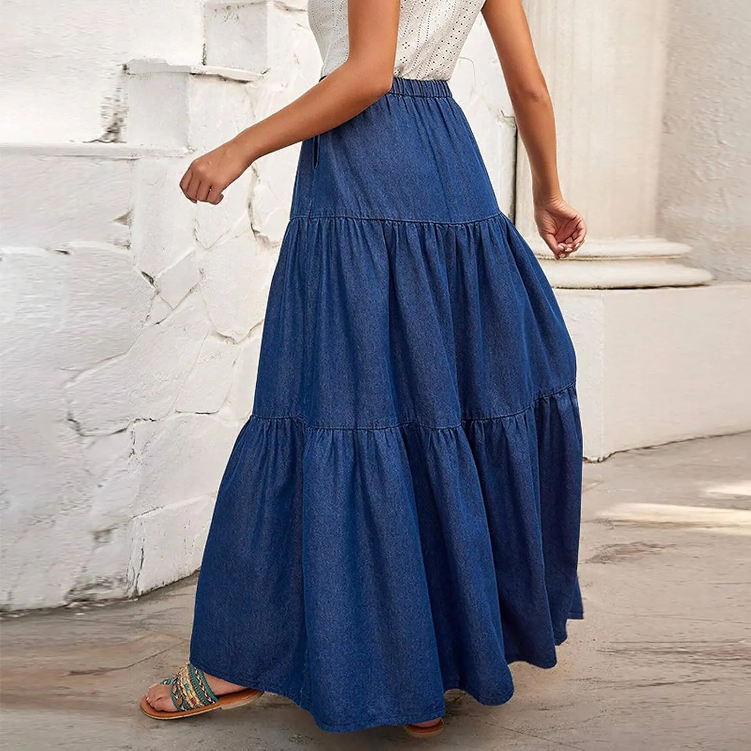 Women's Trendy Denim Long Skirt Elastic High Waisted A-Line Flowy Tiered Ruffle Maxi Skirts