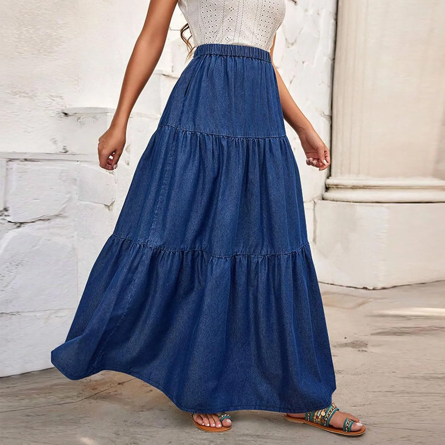 Women's Trendy Denim Long Skirt Elastic High Waisted A-Line Flowy Tiered Ruffle Maxi Skirts