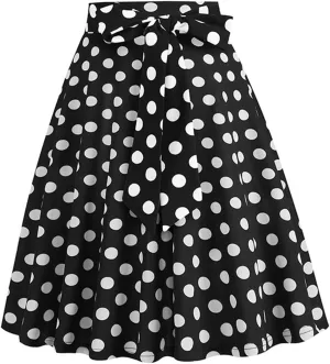 Women's Vintage Bow Skirts Polka Dot Prom Party Skirt High Waist A-Line Pleated Knee Length Midi Skirts