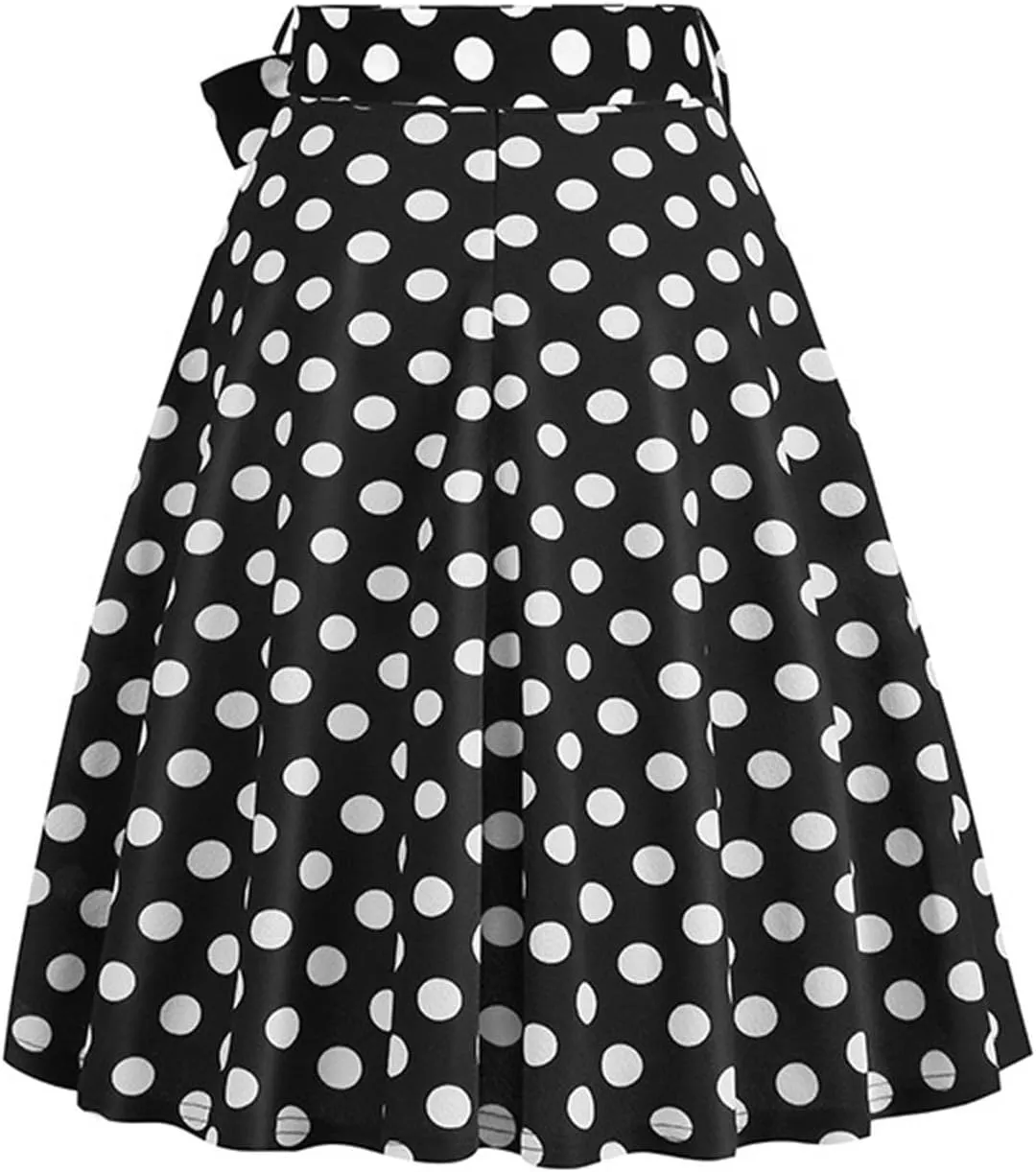 Women's Vintage Bow Skirts Polka Dot Prom Party Skirt High Waist A-Line Pleated Knee Length Midi Skirts