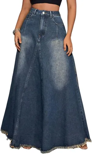 Women's Vintage Full Length Denim Skirts High Waisted Frayed Raw Hem Flared A Line Maxi Long Jean Skirts
