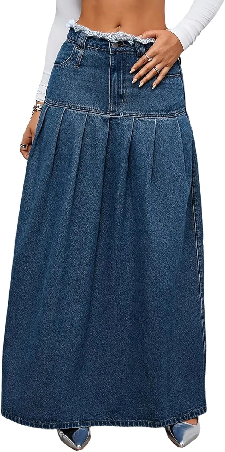 Women's Vintage Maxi Denim Skirt High Waisted Frayed A Line Casual Long Jean Skirt
