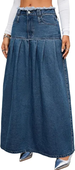 Women's Vintage Maxi Denim Skirt High Waisted Frayed A Line Casual Long Jean Skirt