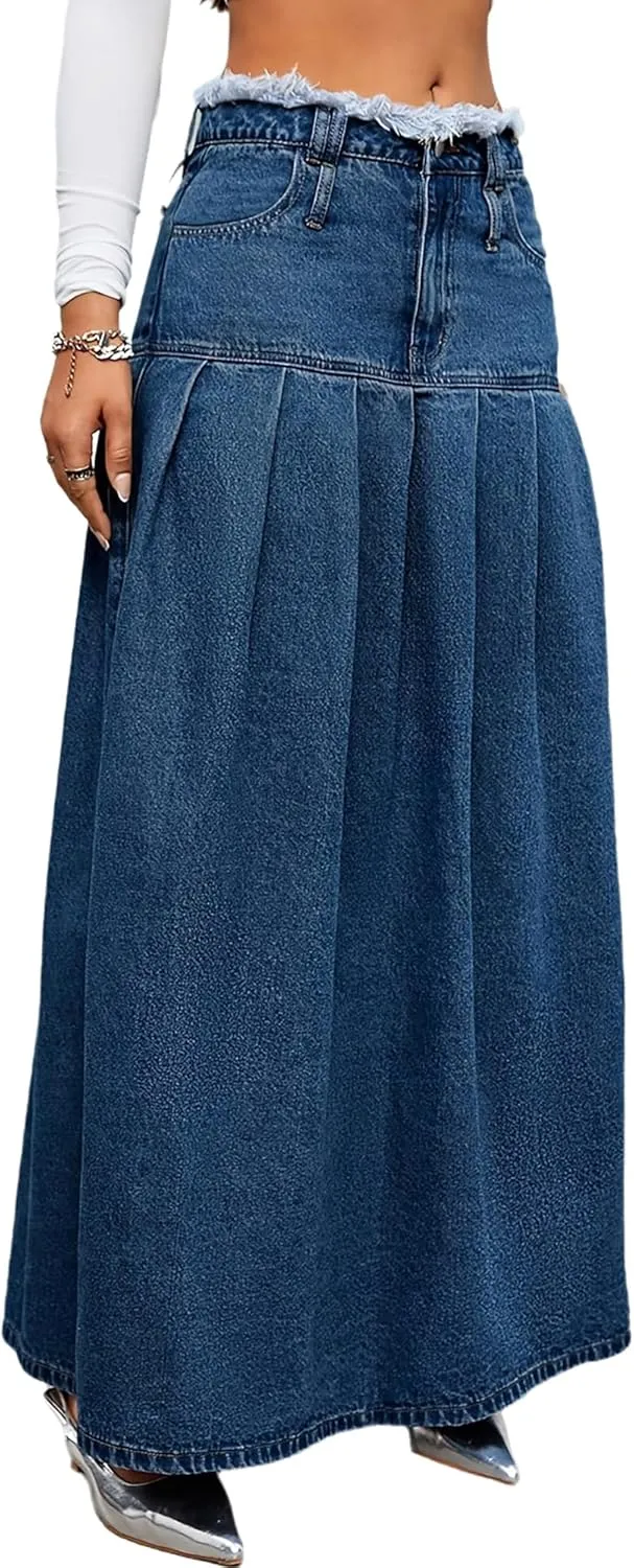 Women's Vintage Maxi Denim Skirt High Waisted Frayed A Line Casual Long Jean Skirt