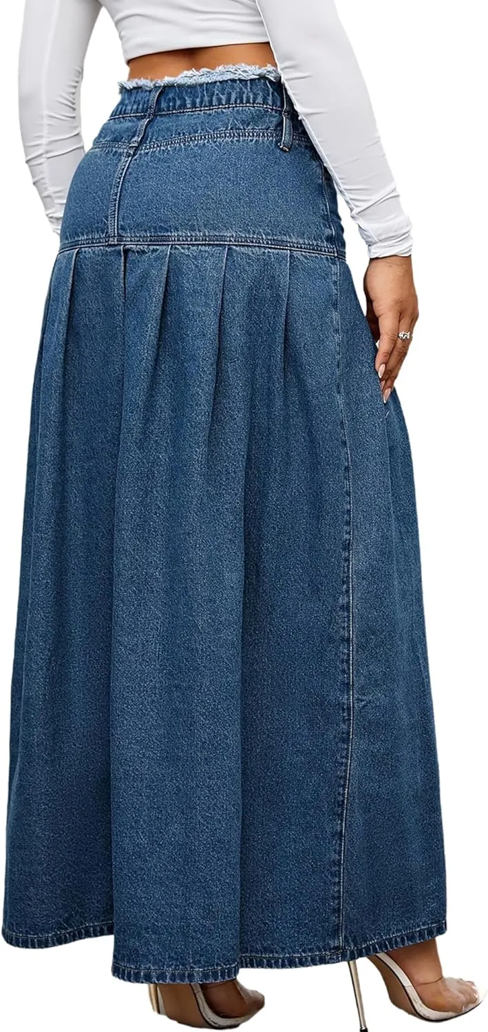 Women's Vintage Maxi Denim Skirt High Waisted Frayed A Line Casual Long Jean Skirt